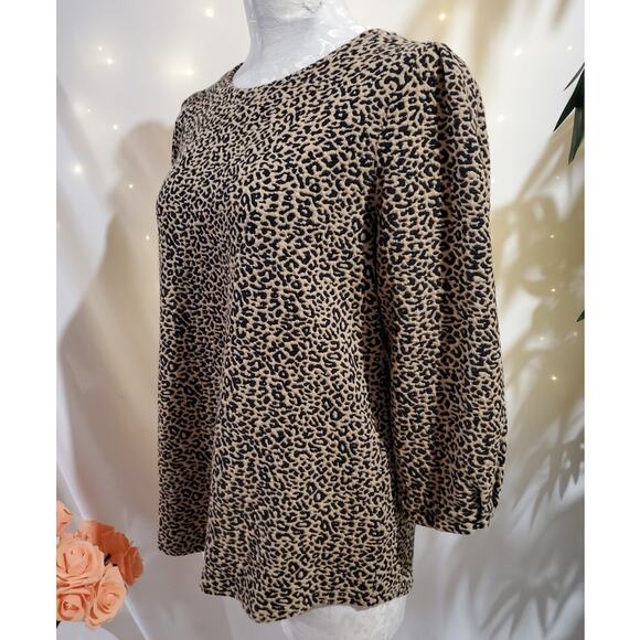 Chicos Womens Leopard Animal Print 1/2 Puff Sleeve Knit Top Size 2 L Office Work - Picture 2 of 11